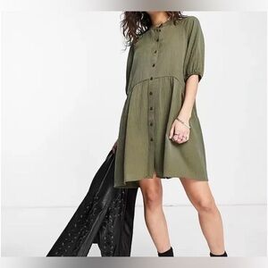 Topshop textured chuck on mini shirt Baby Doll dress Olive Green khaki Size 12